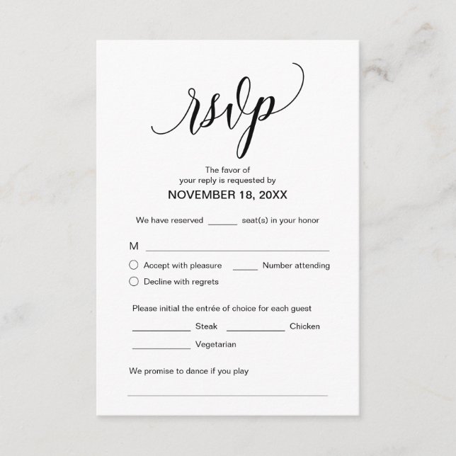 Tarjeta De Recepción Caligrafía moderna, negro, cena Boda RSVP (Anverso)