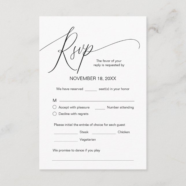 Tarjeta De Recepción Caligrafía moderna, negro, cena Boda RSVP (Anverso)