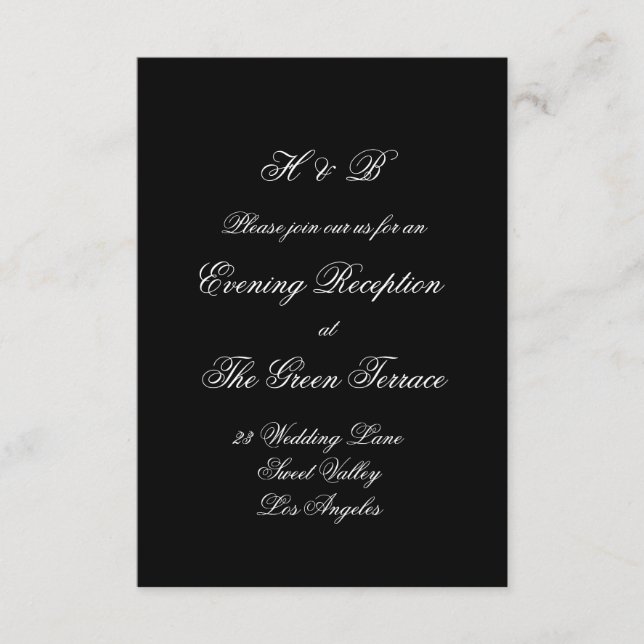 Tarjeta De Recepción Caligrafía Monograma Boda Formal Negro y Blanco (Anverso)