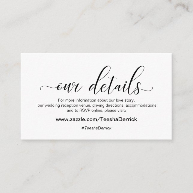 Tarjeta De Recepción Caligrafía negra moderna, Boda nuestros detalles (Anverso)