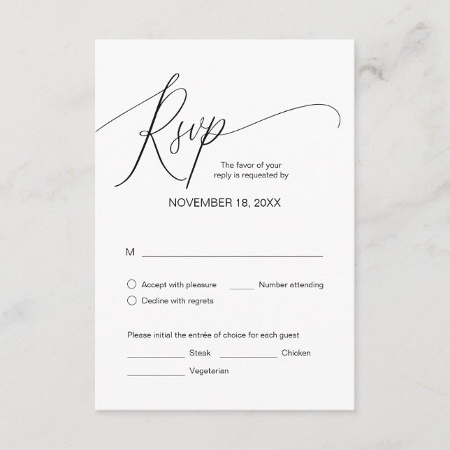 Tarjeta De Recepción Caligrafía negra moderna, cena Boda RSVP (Anverso)