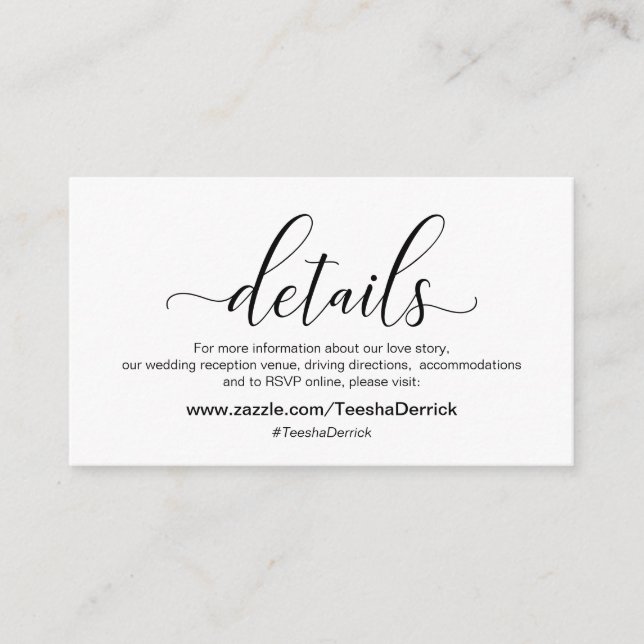 Tarjeta De Recepción Caligrafía negra moderna, detalles Bodas (Anverso)