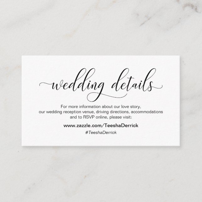 Tarjeta De Recepción Caligrafía negra moderna, detalles Bodas, sitio we (Anverso)