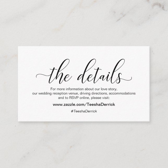 Tarjeta De Recepción Caligrafía negra moderna, Nuestros detalles, sitio (Anverso)