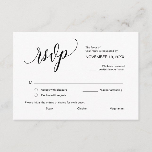 Tarjeta De Recepción Caligrafía negra moderna, RSVP de boda (Anverso)