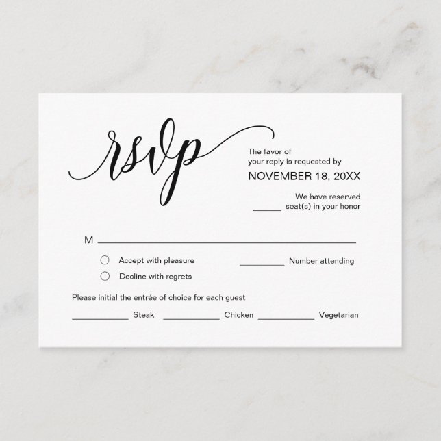 Tarjeta De Recepción Caligrafía negra moderna, RSVP de boda (Anverso)