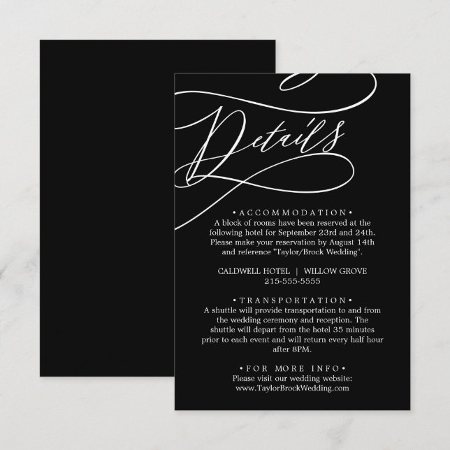 Tarjeta De Recepción Caligrafía Romántica | Detalles de Boda Negros (Anverso / Reverso)