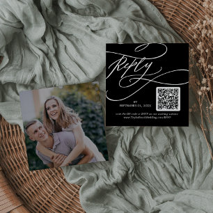 Tarjeta De Recepción Caligrafía romántica Foto oscura Código QR RSVP