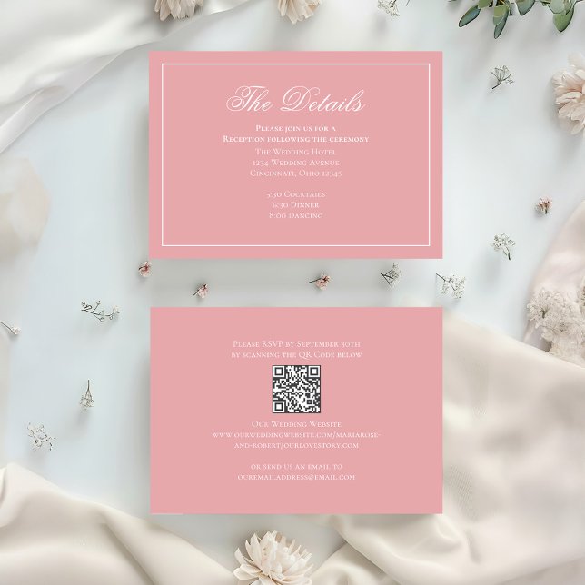 Tarjeta De Recepción Caligrafía rosa Rubor Detalles elegantes RSVP (Blush pink wedding details card with qr code. )