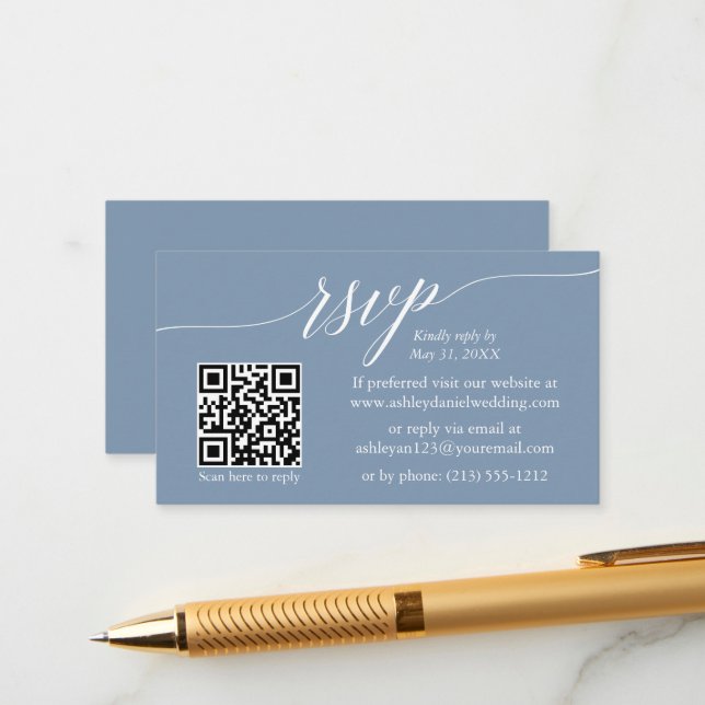 Tarjeta De Recepción Caligrafía RSVP Boda QR Dusty Blue (Anverso/Reverso In Situ)