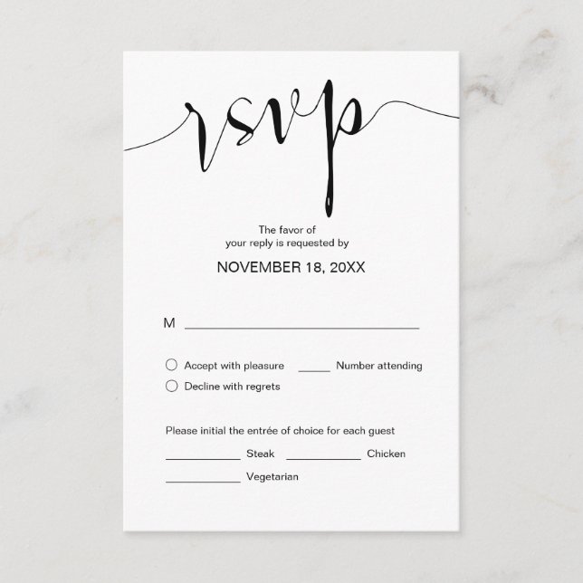 Tarjeta De Recepción Caligrafía simple Boda, negro, RSVP cena (Anverso)