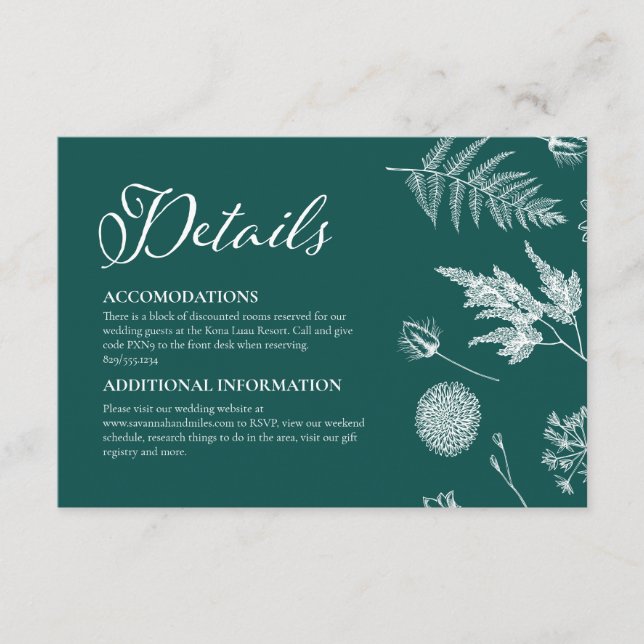 Tarjeta De Recepción Caligrafía y Boda Verde azulado floral oscuro (Anverso)