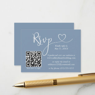 Tarjeta De Recepción Calligrafía Boda del corazón QR RSVP Dusty Blue