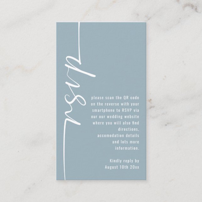 Tarjeta De Recepción Calligrafía Código QR Boda azul turbia RSVP (Anverso)
