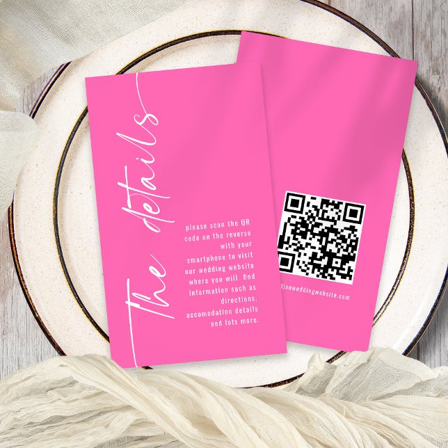 Tarjeta De Recepción Calligrafía Código QR Detalles del Boda rosa calie (Front and back view)