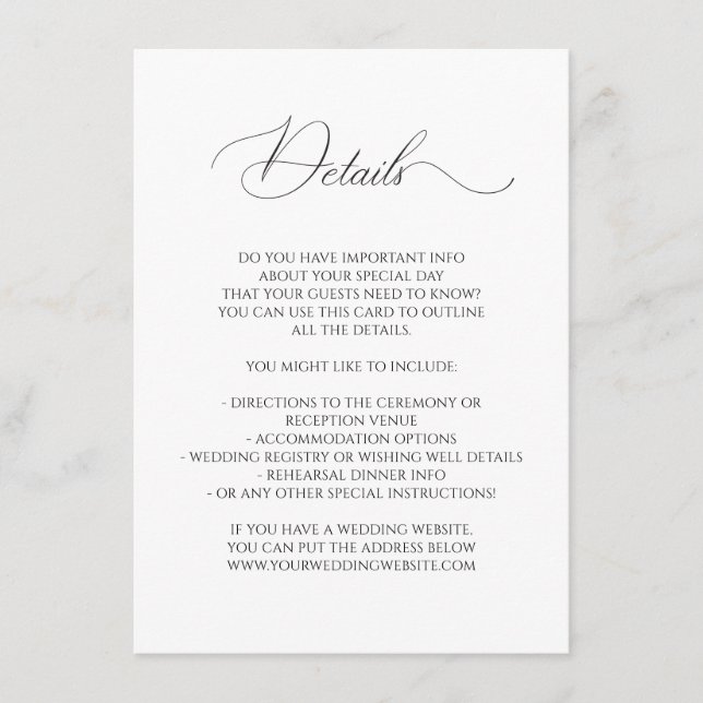 Tarjeta De Recepción Calligraphy Font Boda Fairy Tale Detalles (Anverso)