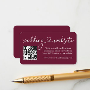 Tarjeta De Recepción Calligraphy Heart Boda Website QR Burgundy