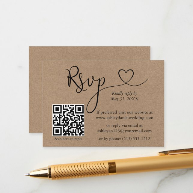 Tarjeta De Recepción Calligraphy Heart QR Boda Kraft RSVP (Anverso/Reverso In Situ)
