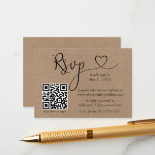 Tarjeta De Recepción Calligraphy Heart QR Boda Kraft RSVP