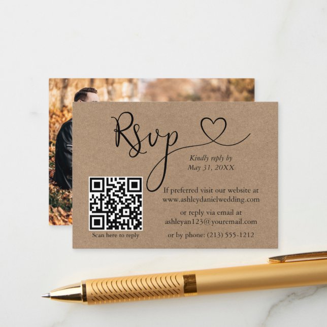 Tarjeta De Recepción Calligraphy Heart QR Photo Boda Kraft RSVP (Anverso/Reverso In Situ)