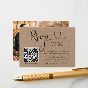 Tarjeta De Recepción Calligraphy Heart QR Photo Boda Kraft RSVP