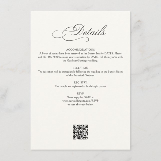 Tarjeta De Recepción Calligraphy Script Details Wedding (Anverso)
