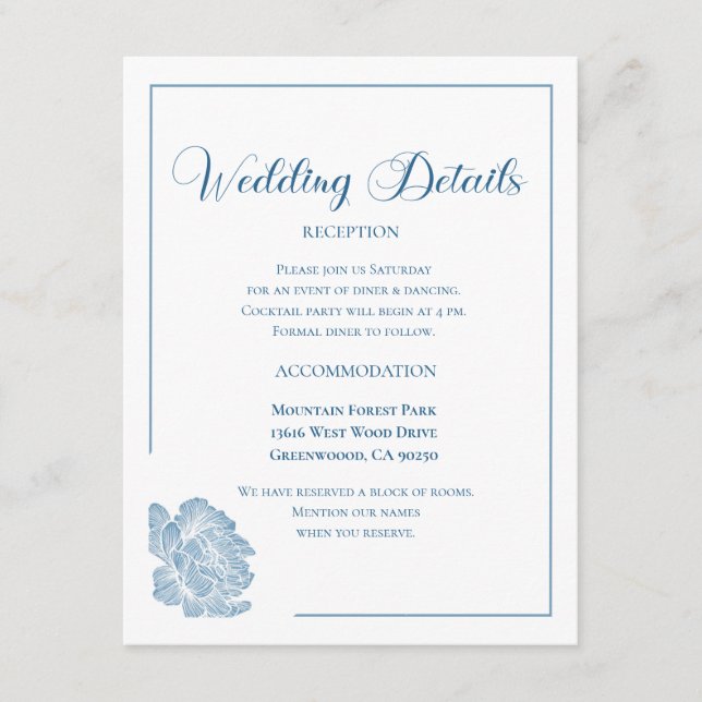 Tarjeta De Recepción Calligraphy Script Dusty Blue Floral Wedding (Anverso)