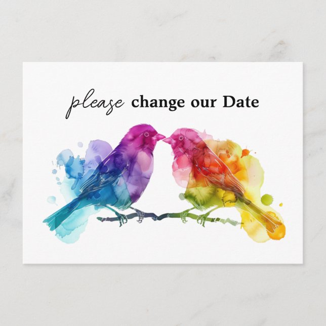 Tarjeta De Recepción Cambiar nuestra fecha LGBTQ+ Aves con arco iris (Anverso)