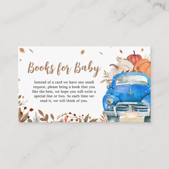 Tarjeta De Recepción Camión de calabaza azul en Baby Shower Libros para (Anverso)