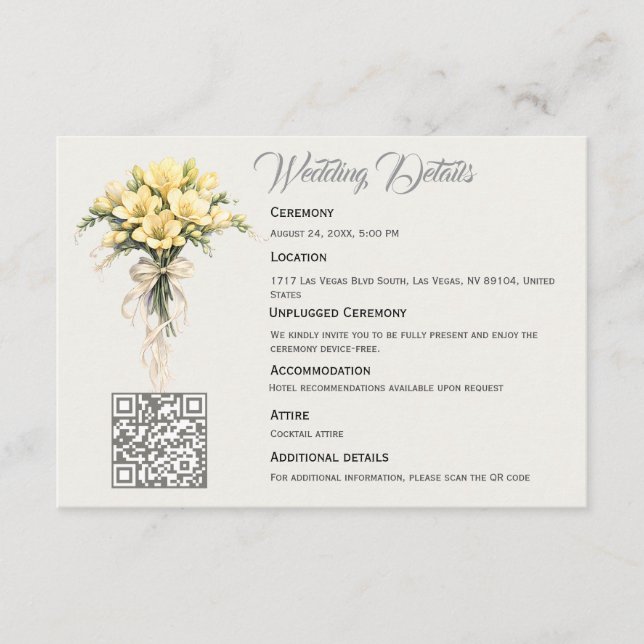 Tarjeta De Recepción Canary Yellow Romantic Freesia  Floral Wedding (Anverso)
