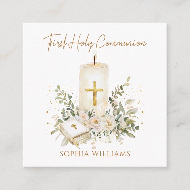 Tarjeta De Recepción Candle Cross Bible Greenery First Holy Communion  (Anverso)