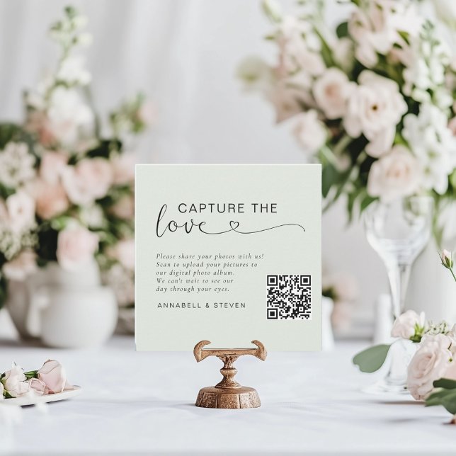 Tarjeta De Recepción ¡Captura el amor! Boda de código QR personalizado (Capture the love! Photo, QR-Code, Wedding Table Card, Sage Green.)