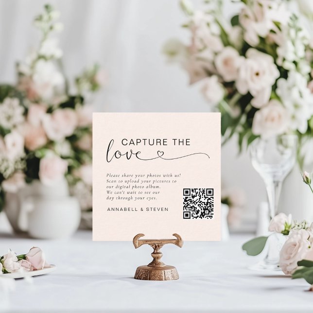 Tarjeta De Recepción ¡Captura el amor! Boda de código QR personalizado (Capture the love! Photo, QR-Code, Wedding Table Card, Blush-Beige.)