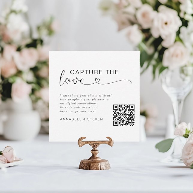 Tarjeta De Recepción ¡Captura el amor! Boda de código QR personalizado (Capture the love! Photo, QR-Code, Wedding Table Card, White.)