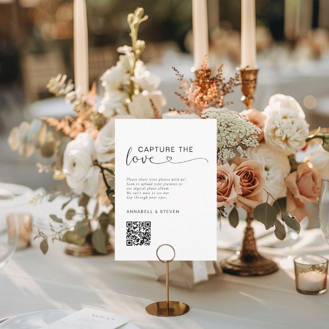 Tarjeta De Recepción ¡Captura el amor! Foto, QR-Code, Boda (Capture the love! Photo, QR-Code, White, Wedding Enclosure Card)