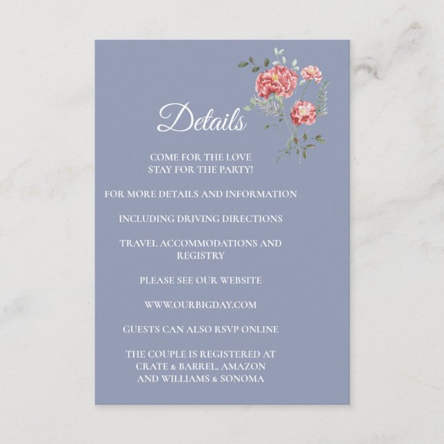 Tarjeta De Recepción Carnation and Blue Enclosure Card Details (Anverso)