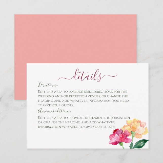 Tarjeta De Recepción Carnations y Forget Me Nots Detalles Bodas (Anverso / Reverso)