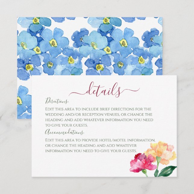 Tarjeta De Recepción Carnations y Forget Me Nots Detalles Bodas (Anverso / Reverso)