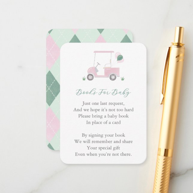 Tarjeta De Recepción Carro de golf verde rosa Baby Shower Trae un libro (Anverso/Reverso In Situ)