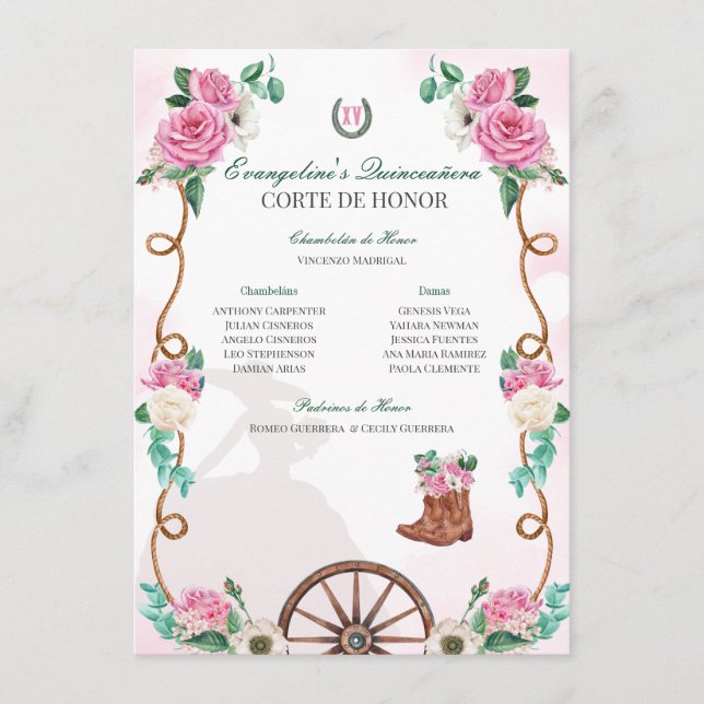 Tarjeta De Recepción Carro floral verde esmeralda y rosa Quinceanera (Anverso)