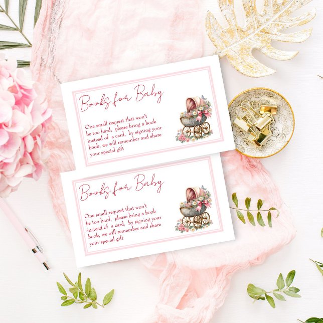 Tarjeta De Recepción Carruaje de época con libros de flores (Vintage carriage stroller with flowers pink bow baby shower books request enclosure card)