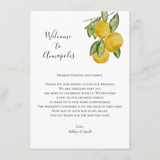 Tarjeta De Recepción Carta de bienvenida Boda limón, Boda Itinerario (Anverso)