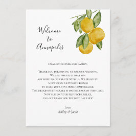 Tarjeta De Recepción Carta de bienvenida Boda limón, Boda Itinerario