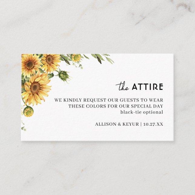 Tarjeta De Recepción Cartas de código de vestimenta de Boda de girasol  (Anverso)