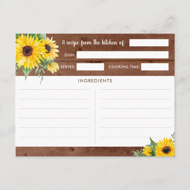 Tarjeta De Recepción Cartas de recetas rusas de madera de girasol (Anverso)