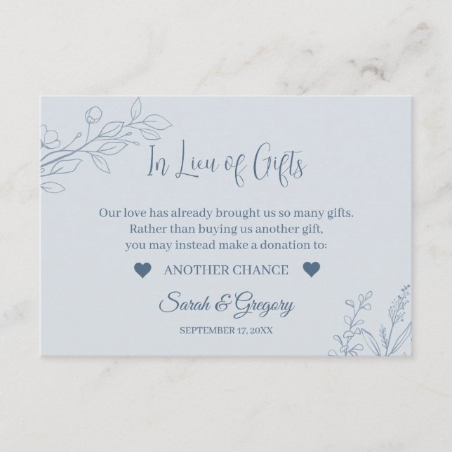 Tarjeta De Recepción Cartas Floral Boho Dusty Blue "En lugar de regalos (Anverso)