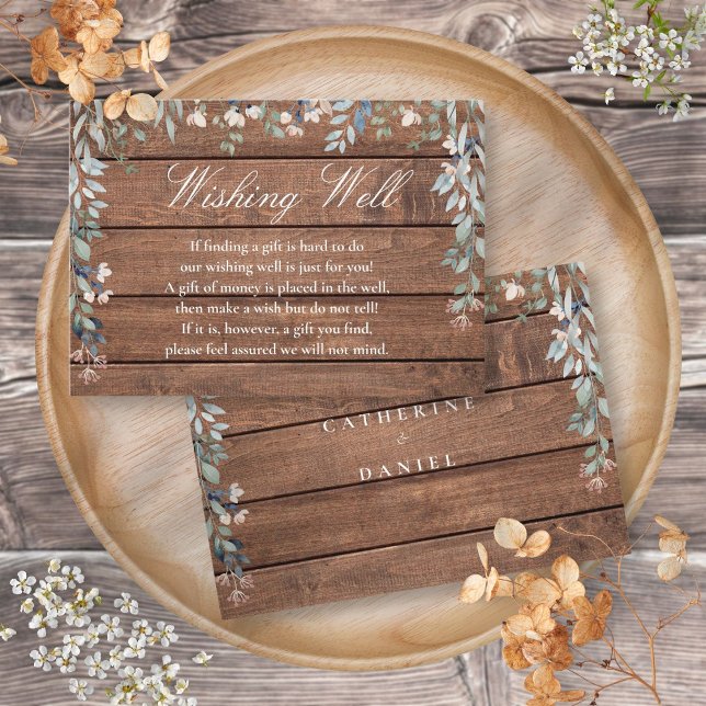 Tarjeta De Recepción Cascada De Floral De Madera Rústica Deseando Bien  (Rustic Wood Floral Cascade Wishing Well Wedding Enclosure Card)