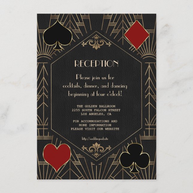 Tarjeta De Recepción Casino Gold Black 20s Gatsby Wedding Reception (Anverso)