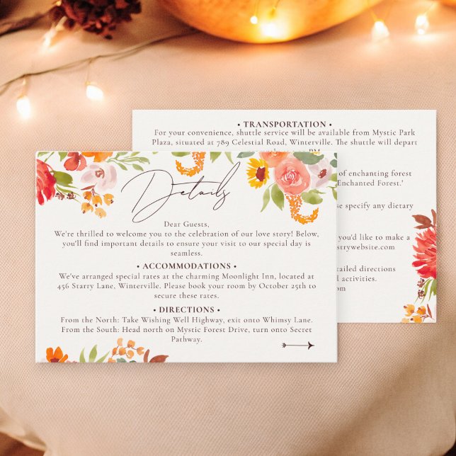 Tarjeta De Recepción Caso Boho detalles de bodas florales pintados de e (Boho fall rustic painted floral wedding details enclosure card)