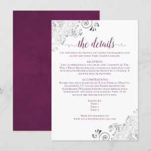 Tarjeta De Recepción Cassis de encaje plateado morado sobre detalles de